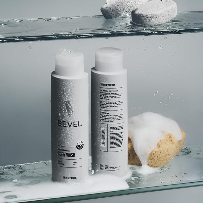 Bevel Exfoliating Body Wash for Men - Dark Cassis Scent with Charcoal and Argan Oil, 16 Oz (Packaging May Vary)