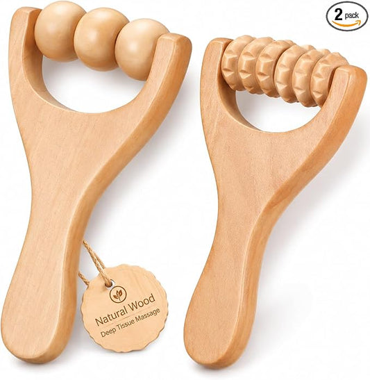 Ciieeo 2Pcs Wooden Massage Roller Muscle Relief/Gift, Wood Massage Tool, Wooden Roller Tools for Body Care and Relaxation, Manual Massage Roller Tool for Daily Home Use (3 Bead Gear Roller)
