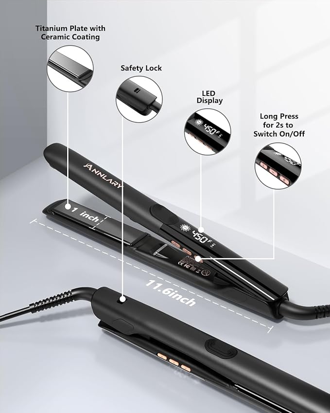 Annlary Hair Straightener 1 Inch Flat Iron and Curler 2 in 1 Titanium Ceramic Ionic Dual Voltage Straightener with Heat-Resistant Silicone, for Less Frizz, Shinier & Smoother