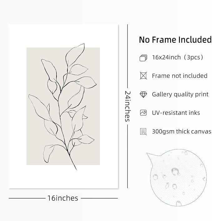 Neutral Botanical Prints Wall Art Decor Plant Minimalist Canvas Pictures Vintage Beige Wall Art Modern Farmhouse Line Poster Boho Abstract Painting Artwork for Bedroom 16x24 Inch Unframed Set of 3