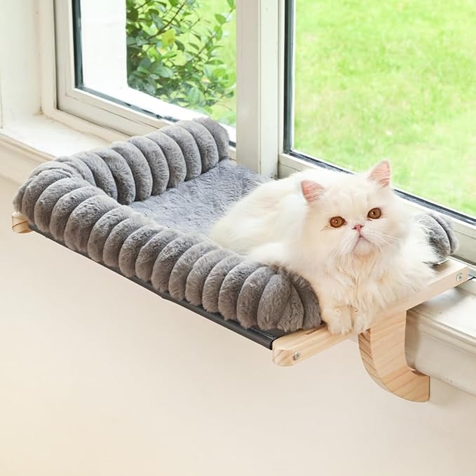 Cloud-Soft Cat Window Sill Perch, Zipper Design Cushion Pet Bed, L | Solid Wood & Sturdy Metal Frame, Machine Washable, Unobstructed Front View, Panoramic and Roomy Cat Hammock for Large Cats