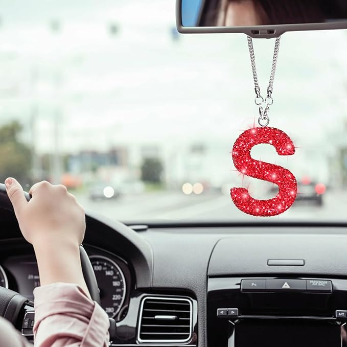 Bling Car Mirror Hanging Accessories - Letter S, Crystal Rhinestone Diamond Rear View Mirror Hanging, Cute Lucky Girl Car Accessories (Red)