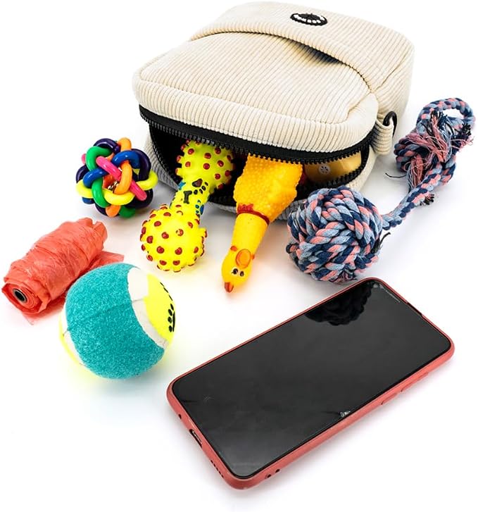 Velvet Dog Training Pouch | Large Capacity Pet Treat & Toy Bag with Built-in Poop Bag Dispenser (Beige-white)
