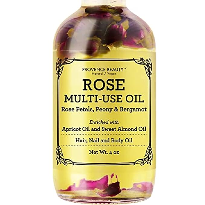 BEAUTE DE PROVENCE Multi-Use Oil for Face, Body and Hair - Organic Blend of Apricot, Vitamin E and Sweet Almond Oil Moisturizer for Dry Skin, Scalp and Nails - Rose Petals, and Bergamot Essential Oil - 4 Fl Oz