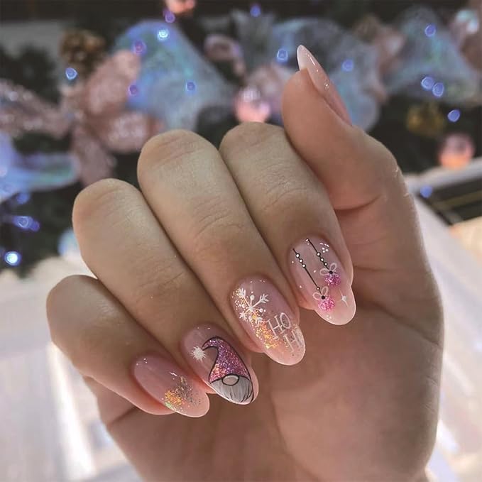Christmas Glitter Gnome Press on Nails Medium Oval Acrylic False Nails Winter Xmas Snowflake Glue on Nails Glossy Christmas Fake Nails for Women Girls