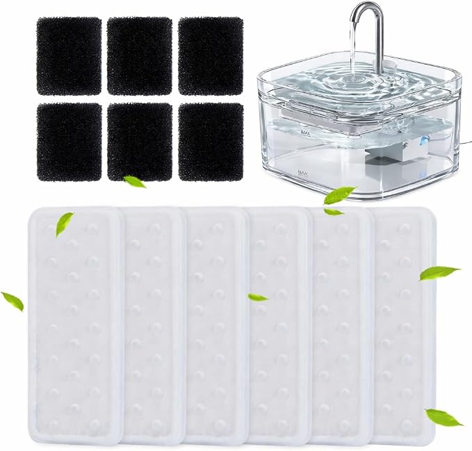 PETTEN Cat Water Fountain Filters,12 Pet Fountain Filter：6 Carbon Filters & 6 Sponges Filters Set for 80oz/2.4L Ultra-Quiet Pet Water Fountain for Cats/Small Dog