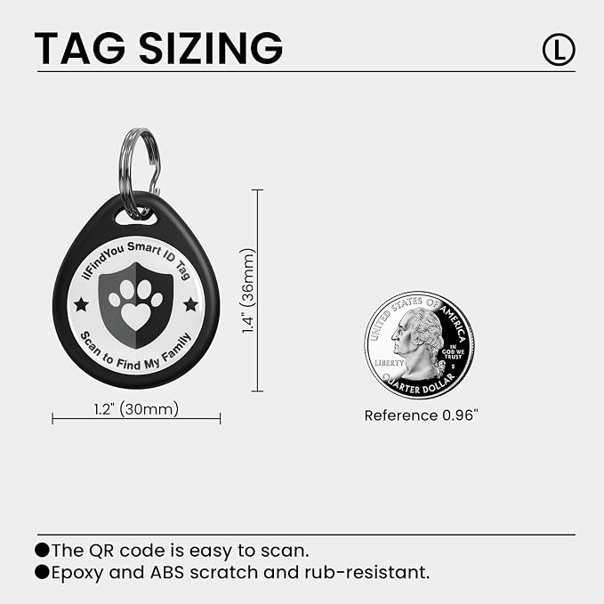 QR Code Dog Tags Personalized for Pets, Real-time Alerts, Black