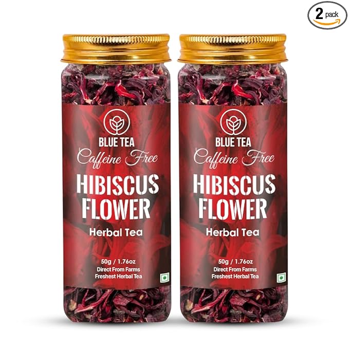 BLUE TEA - Hibiscus Tea - 1.76 Oz - Pack of 2 (100 Cups) Loose | SKIN GLOW ENHANCING TEA | Herbal Tea - Flower Based - Non-Bitter - Caffeine Free - Tangy Flavour - Vegan | Reusable Pet Jar