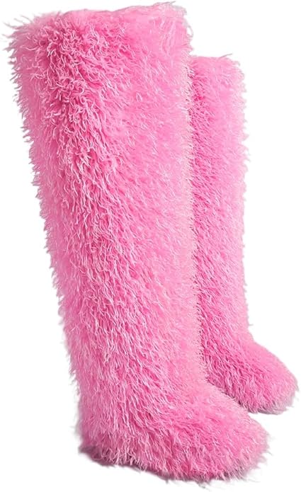 SWEETHEART BEAUTY Thigh High Shagy Teddy Fur Boots, 29 Inch Over the Knee Length Fluffy High Boots, Tall Furry Shoes For Women