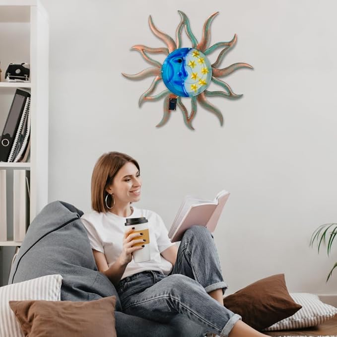 VEWOSTAR 29" Large Metal Sun and Moon Wall Art | 3D Fence Wall Decor With with Solar Lights, Hanging Decoration for Patio Garden Yard,Gift Ideal for Mom