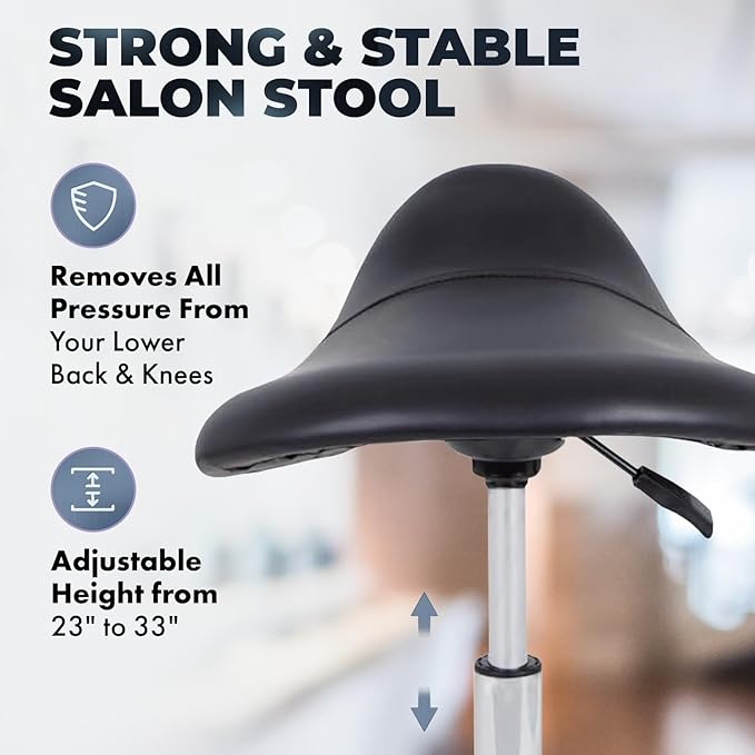 Pibbs 778 Pony Professional Cutting Stool for Salons - Adjustable Height 23"–33", Extra-Thick Upholstered Seat Cushion, Ergonomic Design for Back Relief, 5-Star Base with Smooth Casters, PIB-778