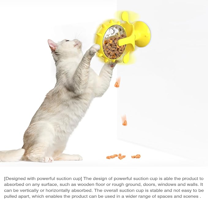 Interactive Cat Slow Feeder, Rotating Durable Dog Puzzle Toy, Mental Stimulation Treat Dispenser with Powerful Suction Cups for Cats and Dogs (Yellow)