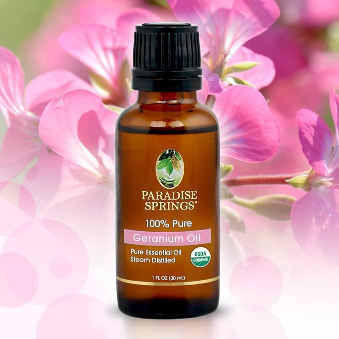 Paradise Springs Organic Geranium Essential Oil 1 fl oz (30ml) | 100% Pure & Natural Geranium Oil for Aromatherapy, Diffusers, Humidifiers, Massage & Home Fragrance