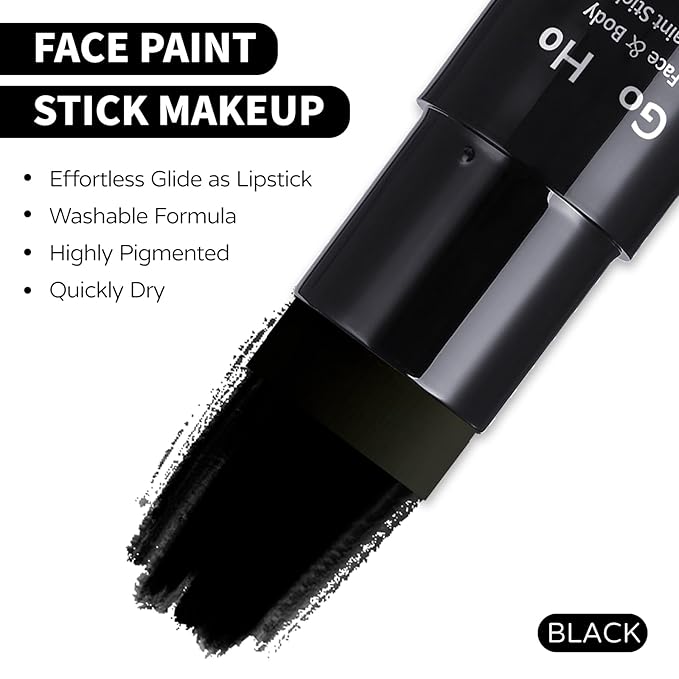 Go Ho Black Face Paint,Easily Washable Formula Face Body Paint Stick,Non-toxic Full-coverage Cream Black Body Paint for Halloween Costumes Cosplay SFX Skeleton Goths Makeup