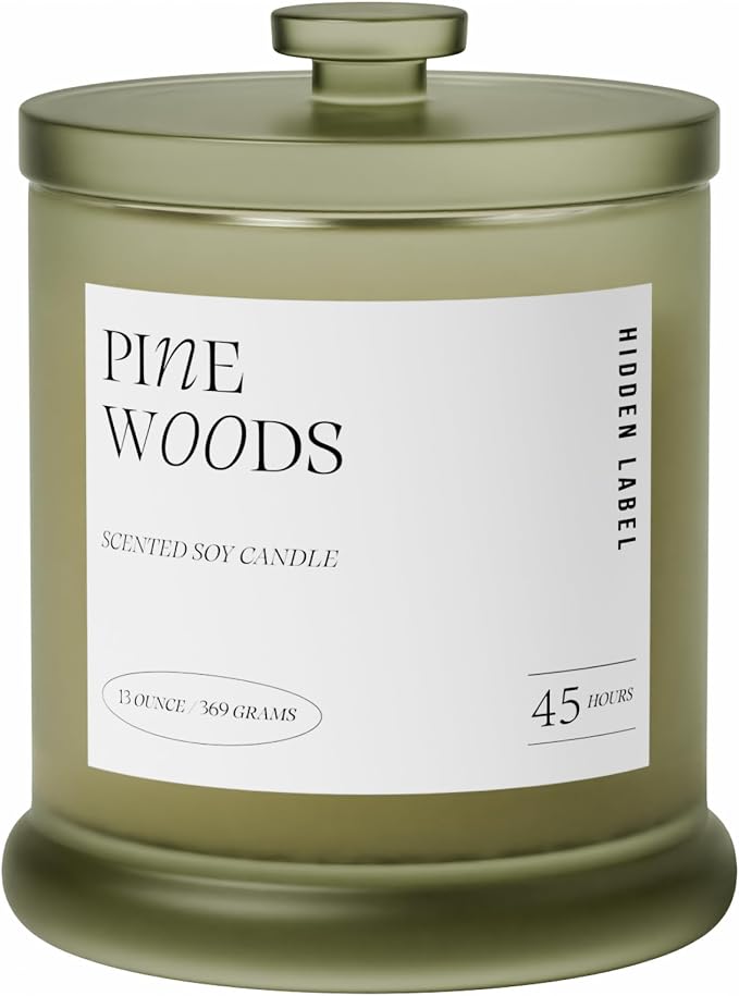 Hidden Label Pine Woods Soy Candle, 13oz 2-Wick, 45H Winter Holiday | Long Burn | Christmas Fir Aromatherapy | Non-Toxic Formula | Twin-Flame, Even Melt | Festive Gift