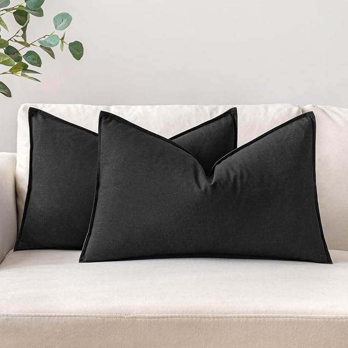 MIULEE Lumbar Decorative Linen Pillow Covers 12x20 Inch Black | Pack of 2 Boho Farmhouse Modern Accent Throw Pillows, Soft Neutral Cushion Covers, Home Decor for Sofa Couch Bed Living Room