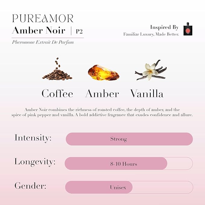 PUREAMOR Pheromone Perfume for Women, Amber Noir Extrait de Parfum Spray – Bold Gourmand Scent with Roasted Coffee, Amber & Vanilla, Long Lasting Fragrance, 1.0 oz / 30 ml