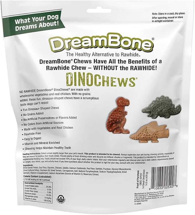 DreamBone Small DinoChews Rawhide-Free Dog Treats, 14 Count (24 Count) | No Grain Added, Daily Chew, Digests Safely and Completely, Made With Real Protein, Chicken and Veggies, For Adult Dogs