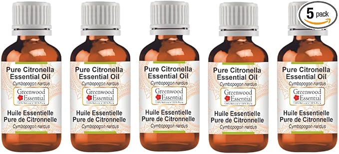 Greenwood Essential Pure Citronella Essential Oil (Cymbopogon nardus) Steam Distilled (Pack of Five) 100ml X 5(16.9 oz)