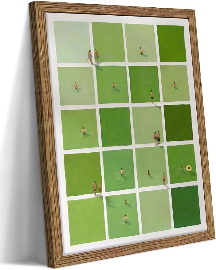 Framed Modern Green Wall Art, Minimalist Summer Swimming Pool Canvas Wall Decor Painting, Mid Century Stripe Artwork Poster Print Pictures for Living Room Bedroom Bathroom Decor 16x24 Inch