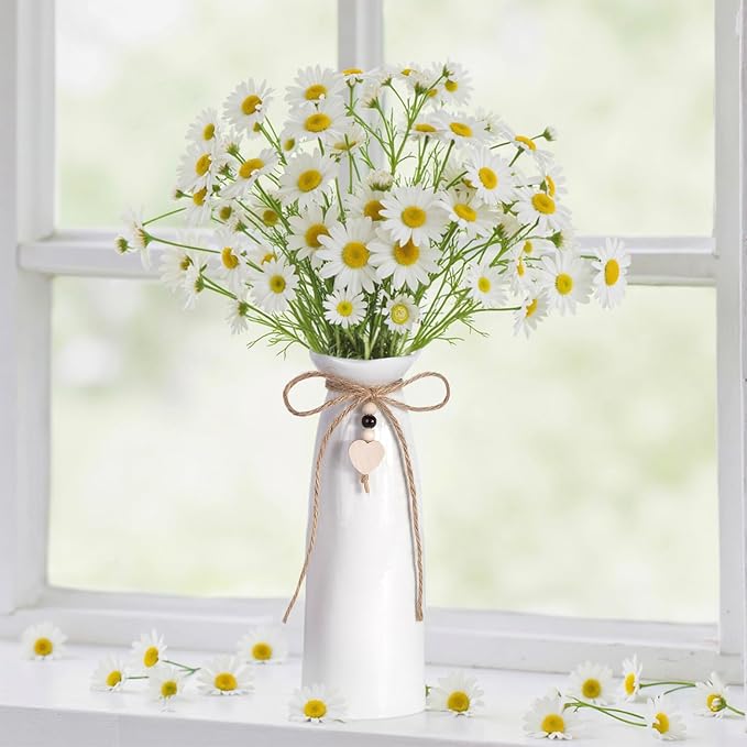 8 Inch Ceramic Vase with Jute Rope & Heart Charm, Elegant White Decorative Vase for Home Décor & Table Centerpieces