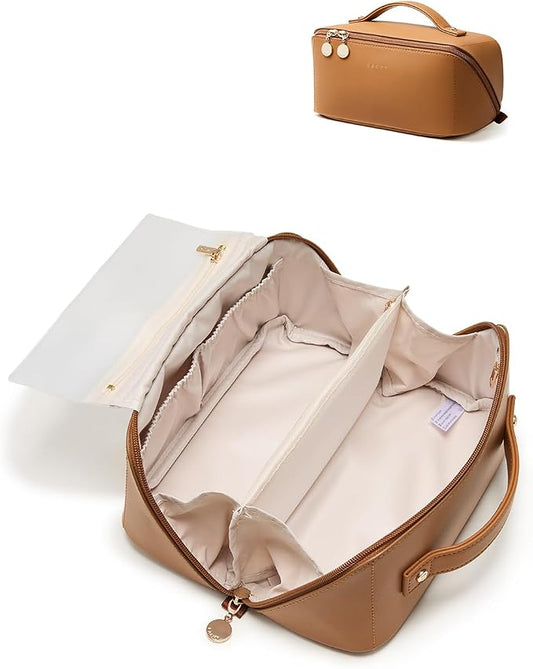 EACHY Travel Makeup Bag, Large Capacity Cosmetic Bag for Women, Waterproof PU Leather, Flat Open Portable Toiletry Bag for Skincare, Brushes & Travel Essentials