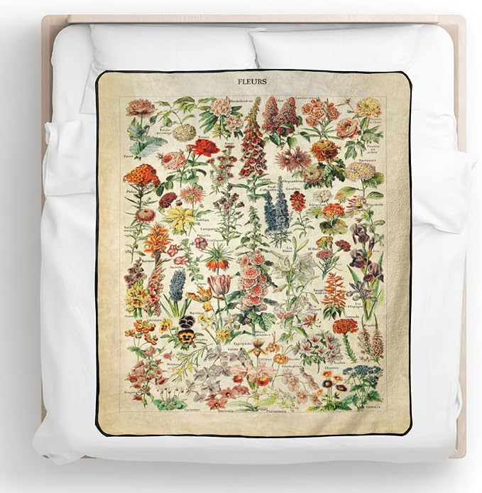 Vintage Flowers Throw Blanket 59”x51” Long Vertical Reference Illustrative Botanical Throws for Bedroom Aesthetic Floral Blankets Botanical Plants Throw Blanket Cute Bedroom Decor