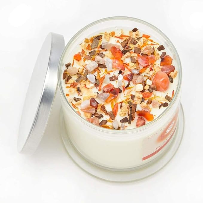 Sacral Chakra Candle by New Moon Beginnings - Chakra Candles - Dried Flower, Herb, & Crystal Candles - Aromatherapy Candles - Soy Candle