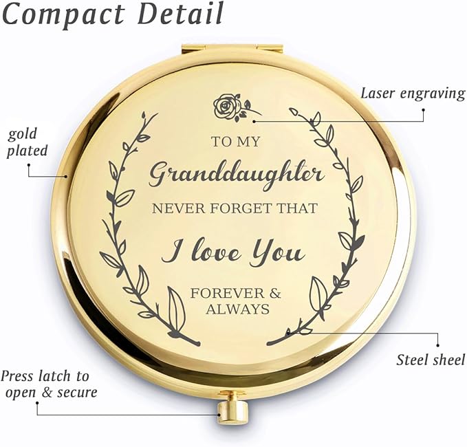 Granddaughter Gifts from Grandma Grandpa, Personalized Gift for Granddaughter, Custom Compact Mirror, Goodie Bag & Basket Stuffers for Valentines Day, Mothers Day, Graduation, Birthday, Wedding