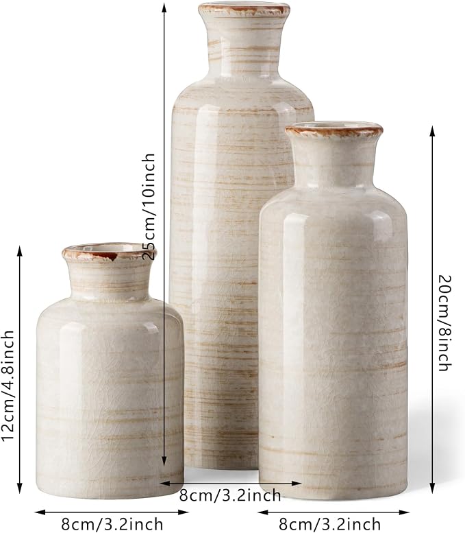 3Pcs White Rustic Ceramic Vases, Farmhouse Vases for Home Decor | Decorative Vases for Dining Table, Living Room, Kitchen, Bedroom, Shelf, Fireplace