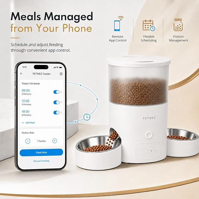 3L Dual Automatic Pet Feeder - Smart & Quiet Cat Automatic Feeders for 2 Cats with App Control, 2 Way Audio, Dual Power Options, Portion Control, Self-Feeding Cat Food Dispenser - White