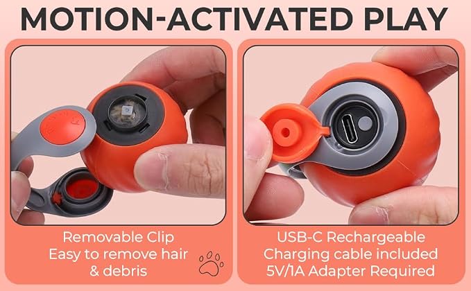Interactive Cat Toy Ball - Motion-Activated, USB Rechargeable Cat Toys for Indoor Cats with Anti-Scratch Cover & 2 Changeable Tails - Enrichment Toy for Active Cats & Kittens