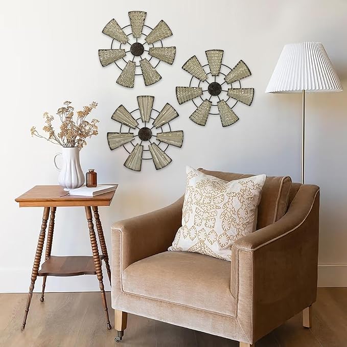 Briful 12" Wall Décor Pack of 3 Metal White & Black Windmill Radial Plate Wall Art Modern Accent Hanging Wall Decorations For Home Office Living Room Wall Sculptures