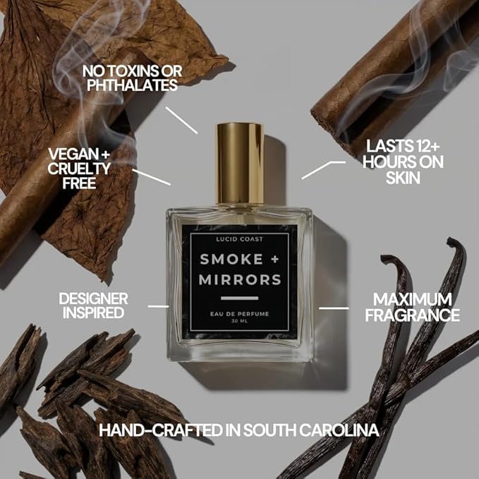 Smoke + Mirrors Extrait de Parfum - 1.1oz / 30ml - Inspired by Tobacco Oud T.Ford - Long Lasting Clean & Vegan Fragrance for Women & Men - Notes of Whiskey, Oud & Tobacco