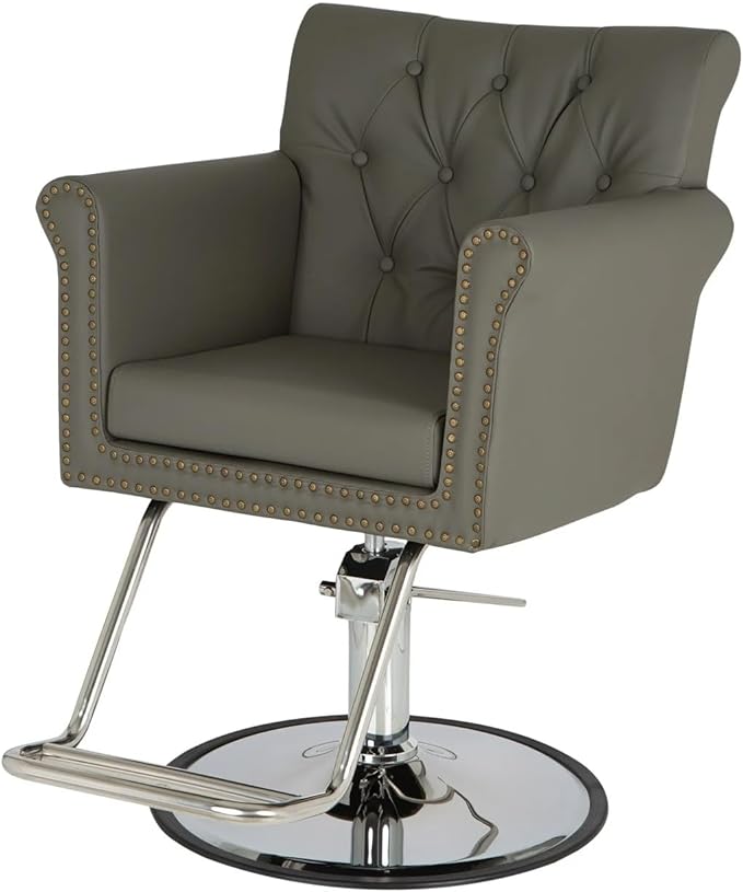Buy-Rite Chelsea Styling Chair for Salons – Gray Tufted Back, Brass Nailhead Trim, Steel Hydraulic Pump, 3.5” Removable Seat Cushion, Padded Arms, Vinyl Upholstery – NIN-9902