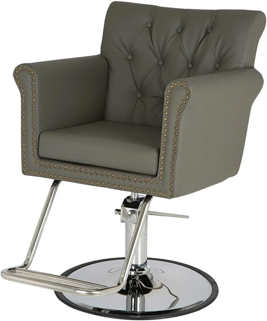 Buy-Rite Chelsea Styling Chair for Salons – Gray Tufted Back, Brass Nailhead Trim, Steel Hydraulic Pump, 3.5” Removable Seat Cushion, Padded Arms, Vinyl Upholstery – NIN-9902