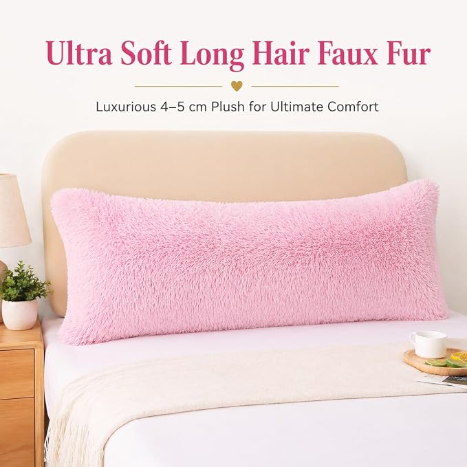 REAFORT Long Hair Faux Fur Body Pillow Cover 21"x54", Hidden Zipper (Pink) | Ultra-soft long hair faux fur with a hidden zipper offers luxurious comfort and is machine washable for easy care.