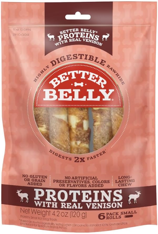 Better Belly Proteins Roll Highly Digestible Dog Treats, 6 Count | With Real Venison, Long-Lasting Digestible Chew, No Grain Added, No Artificial Colors Or Flavors, For Adult Dogs