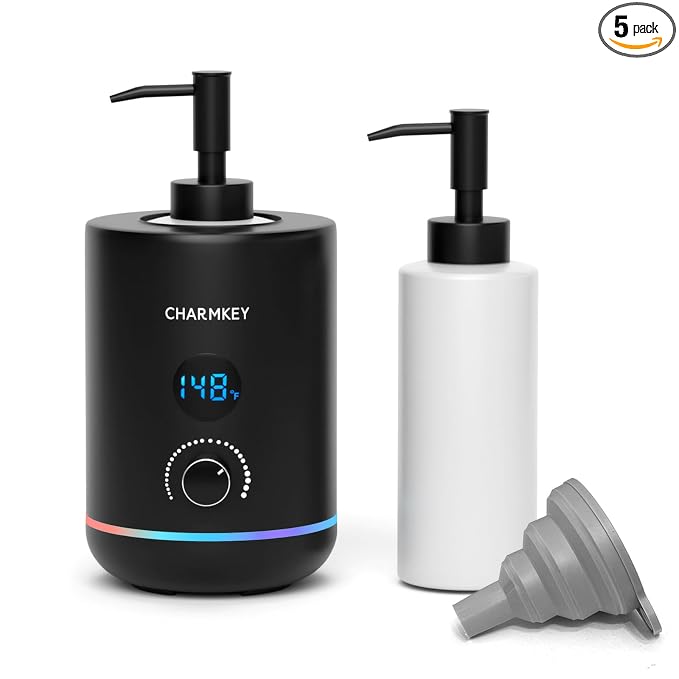 CHARMKEY Massage Oil Warmer Black, 2 Oil Bottle Dispensers & 2 Silicone Funnels, Digital Heater for SPA, Oil Lotion Cream for Salon, Barber Shops, Home, Automatic Lotion Warmer