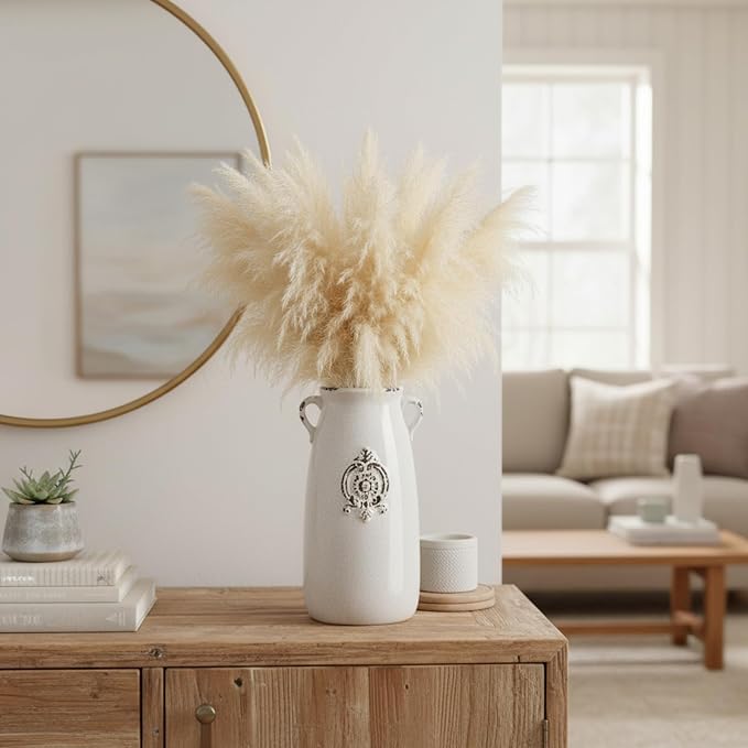 MyGift Farmhouse White Ceramic Vase with Handle and Embossed Seal Design, Antique Jug Shaped Tabletop Flower Vase | Embossed Seal Detail, Handle Design, Vintage Farmhouse Style, Floral Display, Rustic Home Accent, Decorative Centerpiece