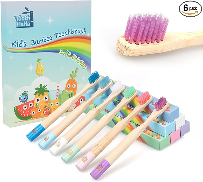 Tooth HaHa Kids Bamboo Toothbrushes, BPA-Free Soft Bristles, Eco-Friendly Natural Wooden Toddler Toothbrush, 6-Pack Travel Toothbrushes Set for Children