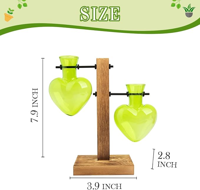 XXXFLOWER Plant Propagation Station Terrarium 2 Green Heart Shaped Vase | Terrarium Kit Bulb Glass Metal Desk Plant Holder, Retro Air Plants Water Plants, Home Office Decoration