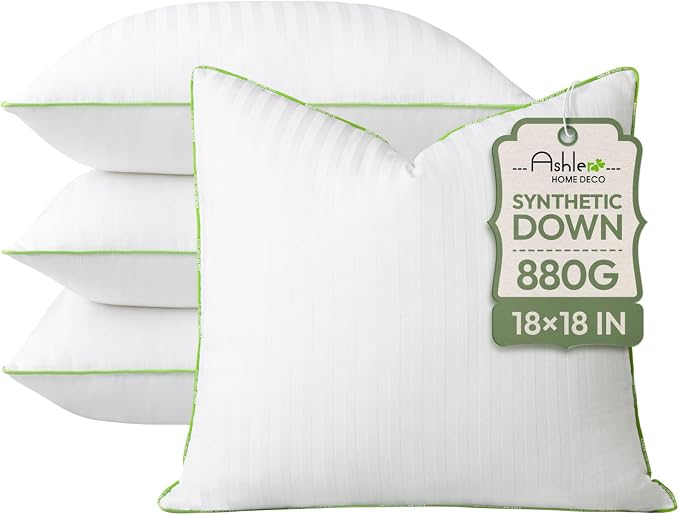 Ashler Synthetic Down 18x18 Pillow Inserts, Set of 4 | Down Alternative, Couch Pillows, Decorative Throw Pillows, Square Cushion Sham Stuffer, Hypoallergenic
