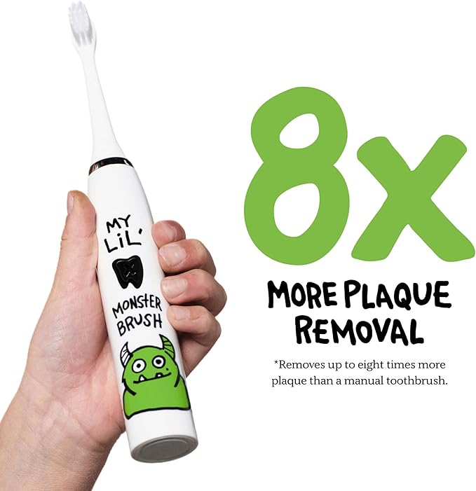 Made by Dentists Kids Electric Toothbrush - Rechargeable Vibrating Toothbrush with Timer, Includes 6 Replacement Heads, Gently Cleans Teeth, Kid & Toddlers Age 2+, Monster