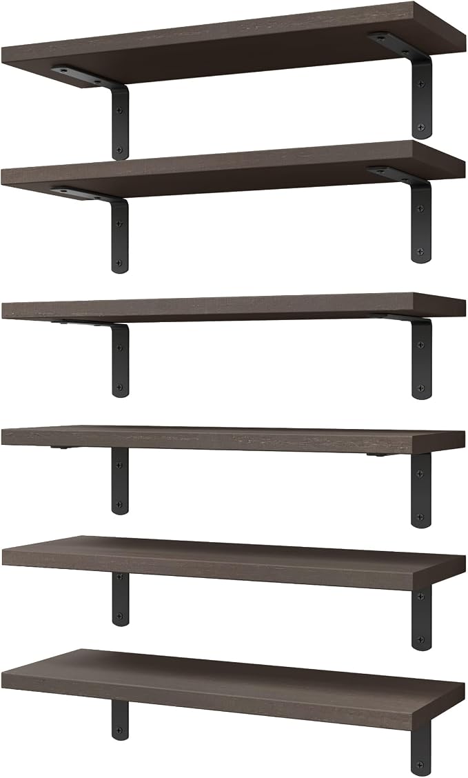 Wood Floating Shelves Set of 6, Shelves for Wall Decor, Farmhouse Shelf for Bedroom, Bathroom Storage Shelves, Book Shelves for Living Room, Dark Brown