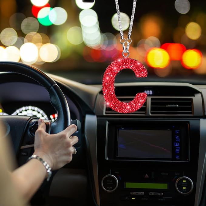 Bling Rear View Mirror Hanging Accessories, Crystal Rhinestone Diamond Car Charms for Rear View Mirror Letter C, Cute Lucky Red Bling Car Accessories for Women (Red,C)