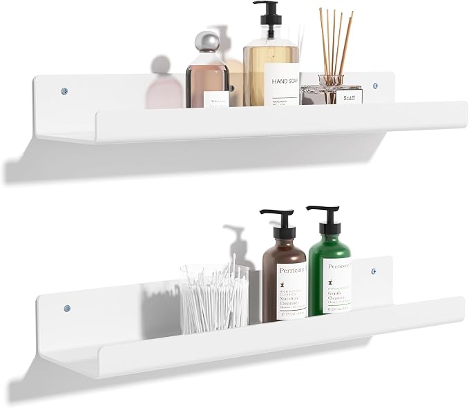 upsimples 2 Pcs 15" Acrylic Shelves for Wall Organize and Display, White | Cute Floating Shelf for Perfume, Skincare, Nail Polish, Wall Organizer for Bedroom, Living Room, Playroom, Room Décor