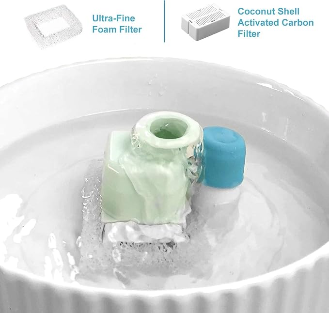 2.1L Ceramic Cat Water Fountain-for Cats and Dogs, 360 Ceramic Pet Fountain-70 Oz Large Water Capacity - Whisper-Quiet Water Flow-Great for Shy or Timid Pets - Fresh, Filtered Water (Blue)