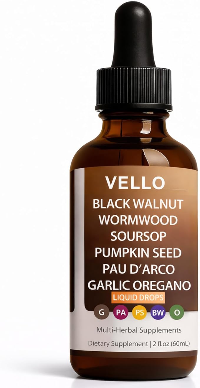 VELLO Black Walnut Wormwood | Soursop, Pumpkin Seed, PAU D'arco, Garlic Oregano | -2 Oz/60ml (1)
