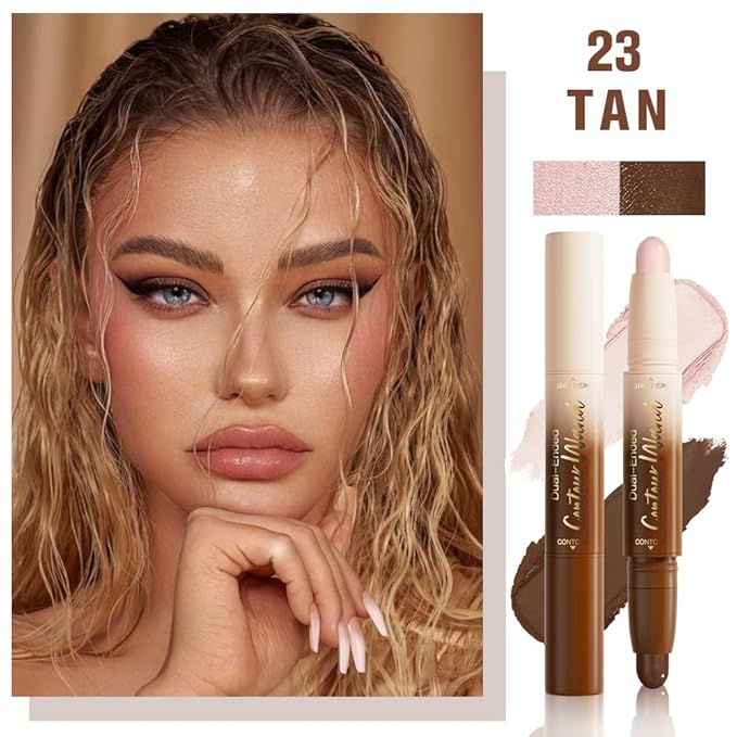 2Pcs Dual-Ended 2-in-1 Cream Contour & Highlighter Stick Makeup For Face & Body – Waterproof, Long-Lasting, Suitable for All Skin Tones, (01+03)